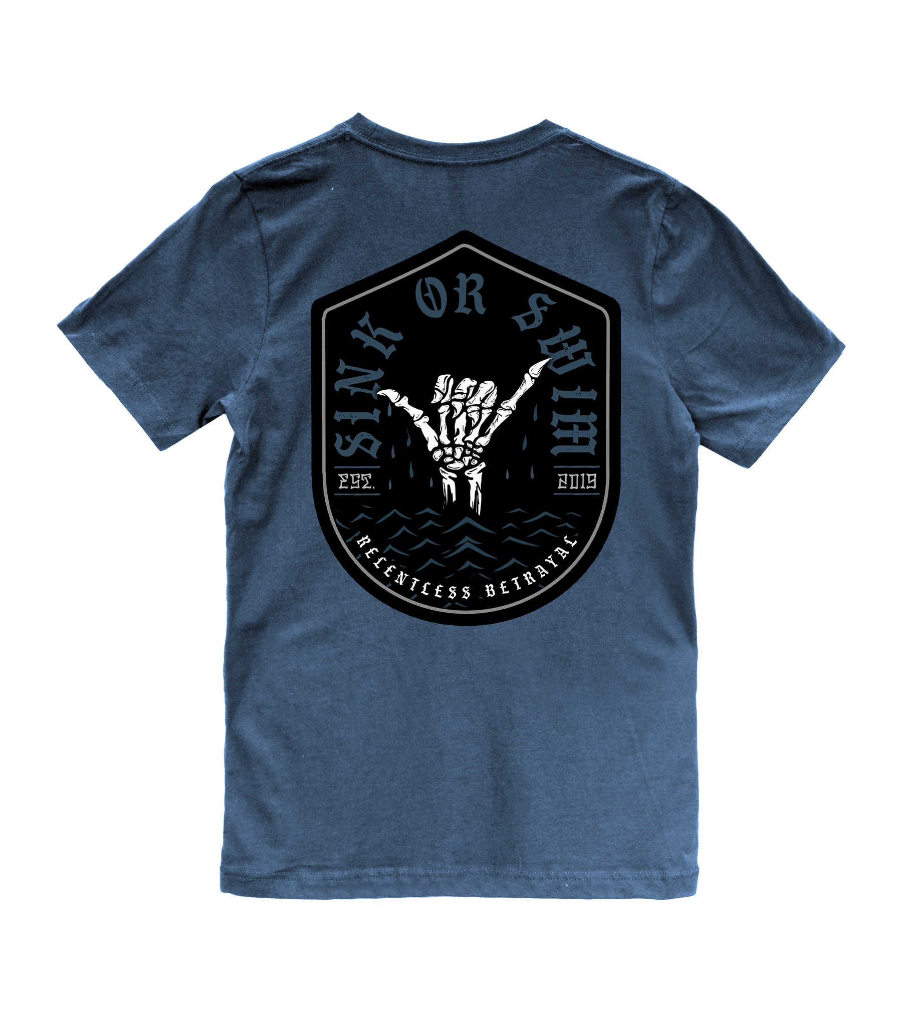 The Sink or Swim Premium Slate T-Shirt by Relentless Betrayal is dark blue with a striking graphic of a hand rising from water, encircled by the text Sink Or Swim, Heartless Betrayal, Established 1997, and 2013. It symbolizes resilience and inner strength.