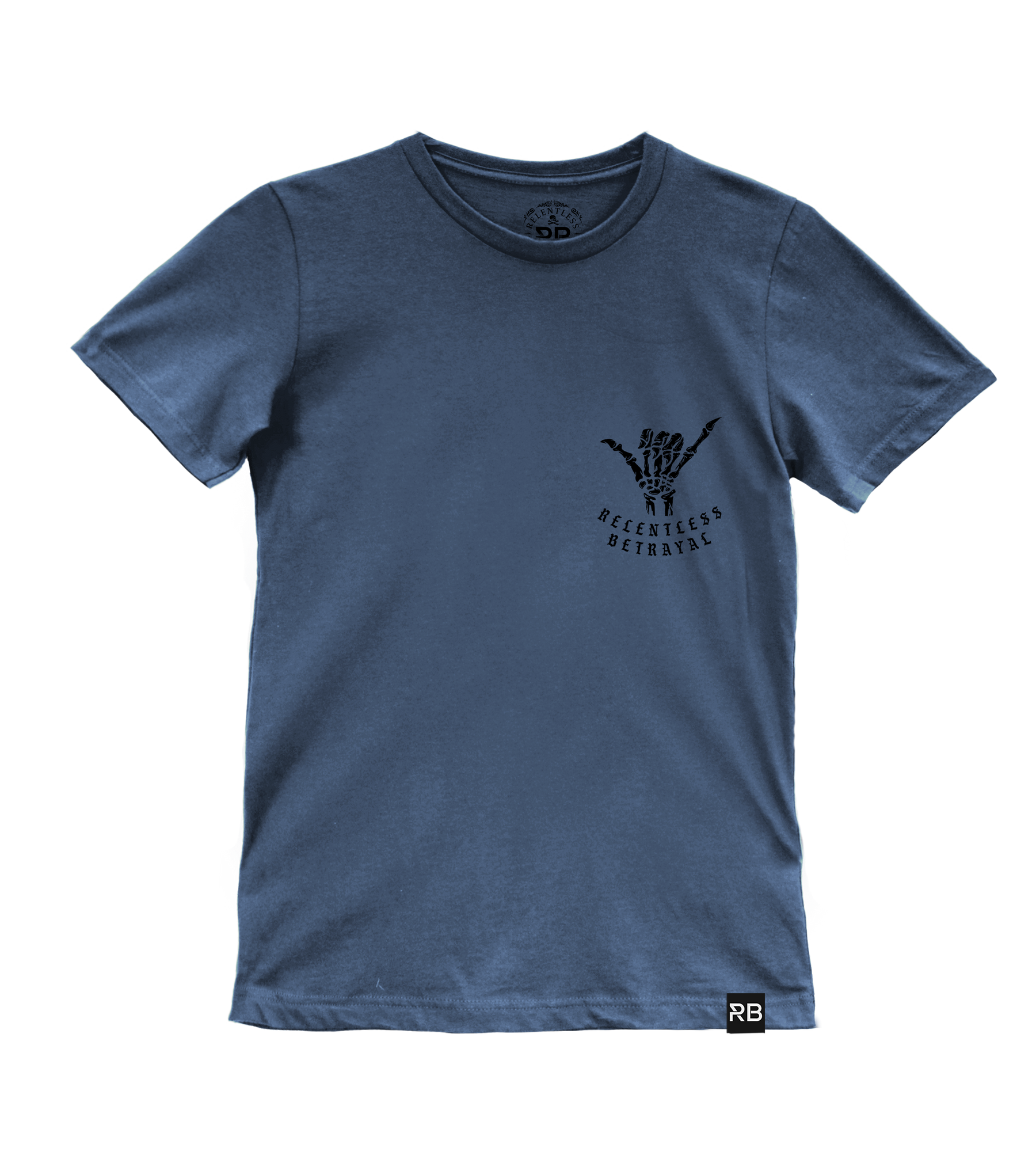 The Sink or Swim Premium Slate T-Shirt by Relentless Betrayal is blue, features a small skeletal hand graphic on the left chest, and includes the text The Relentless Betrayal, symbolizing resilience and inner strength.