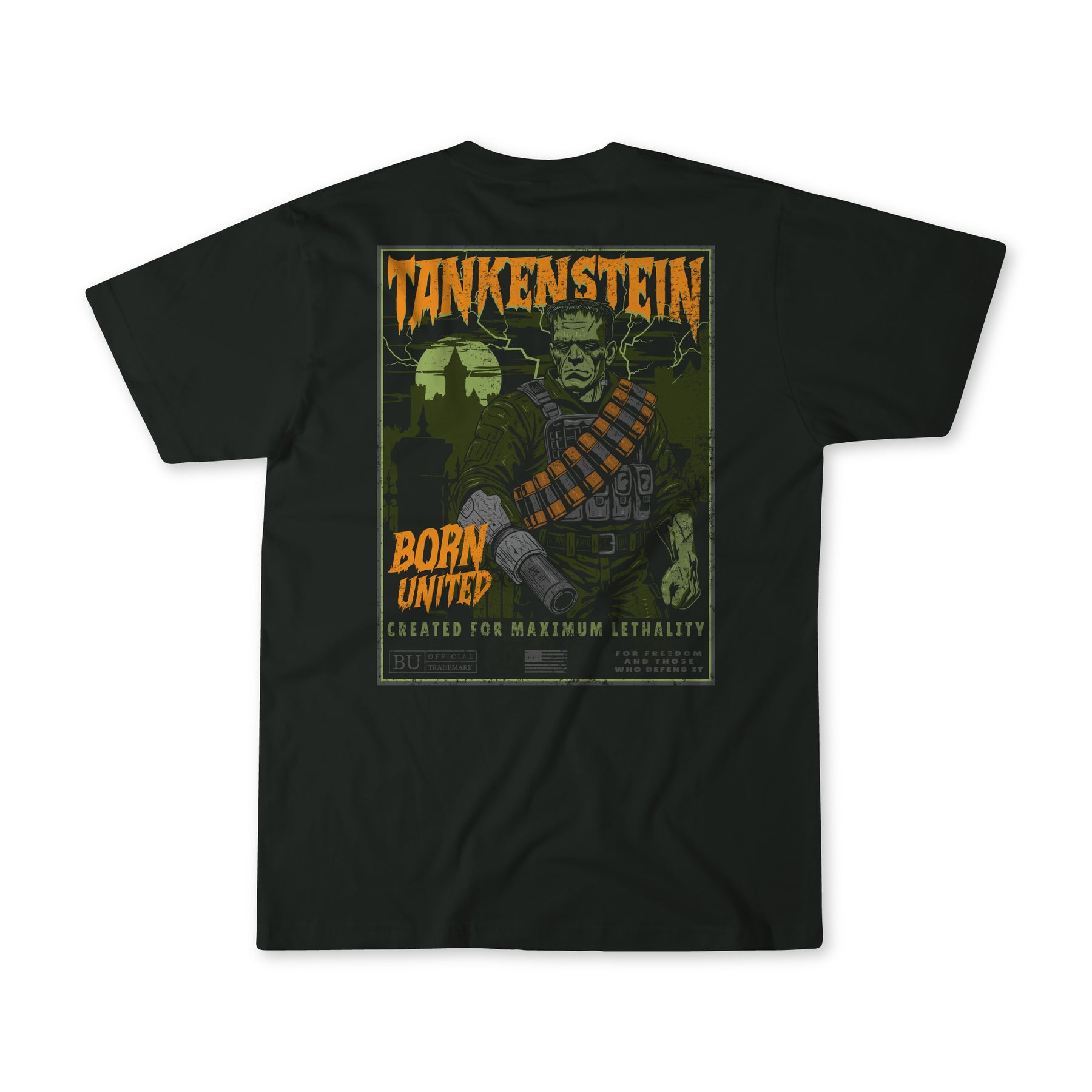 Celebrate Halloween with the Tankenstein limited-edition black tactical tee from Born United Private Label, featuring a bold green Frankenstein-inspired soldier graphic, ammo belts, explosions, and Born United, Created for Maximum Lethality on the back.