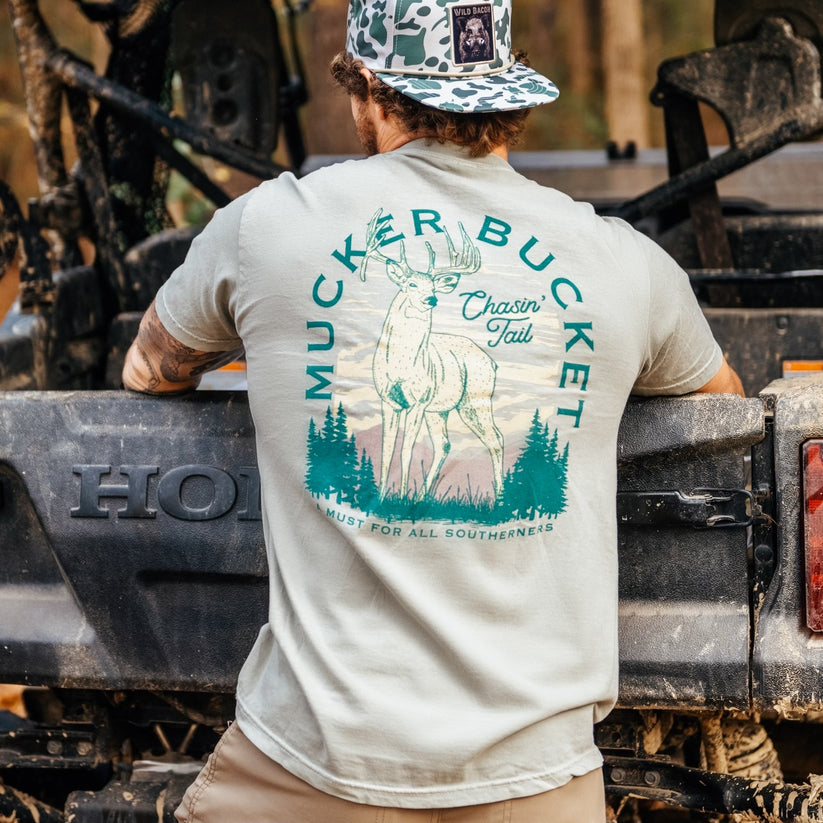 mucker bucket - chasin tail premium tee on model