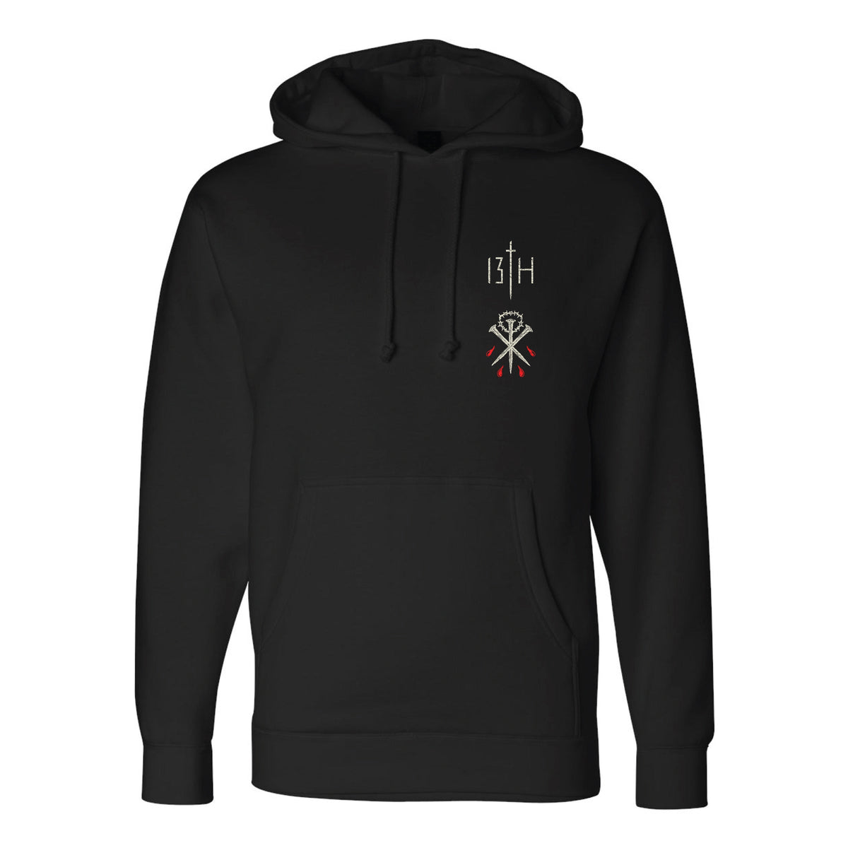 Nothing But the Blood Premium Hoodie, a black pullover featuring a small graphic on the left chest with the text 13TH above a crown of thorns crossed with two nails dripping red liquid.