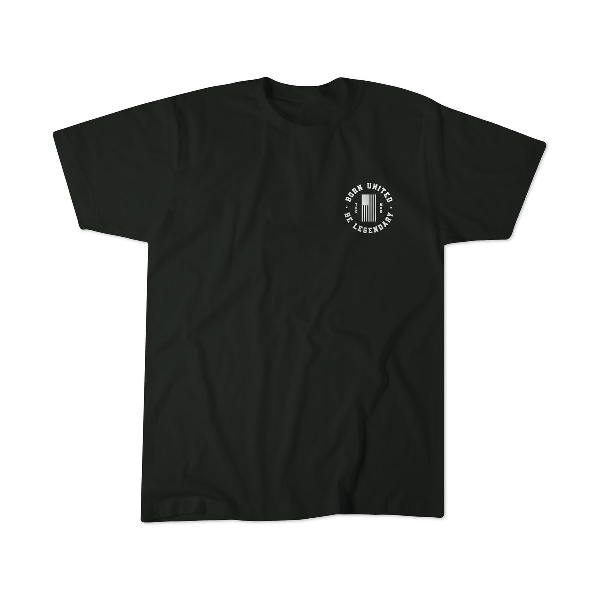 The Legend - Chuck by Born United Private Label is a black tee featuring small white "Born United, Be Legendary" text and three vertical bars on the left chest. The tribute design is shown laid flat on white. Now available for pre-order.
