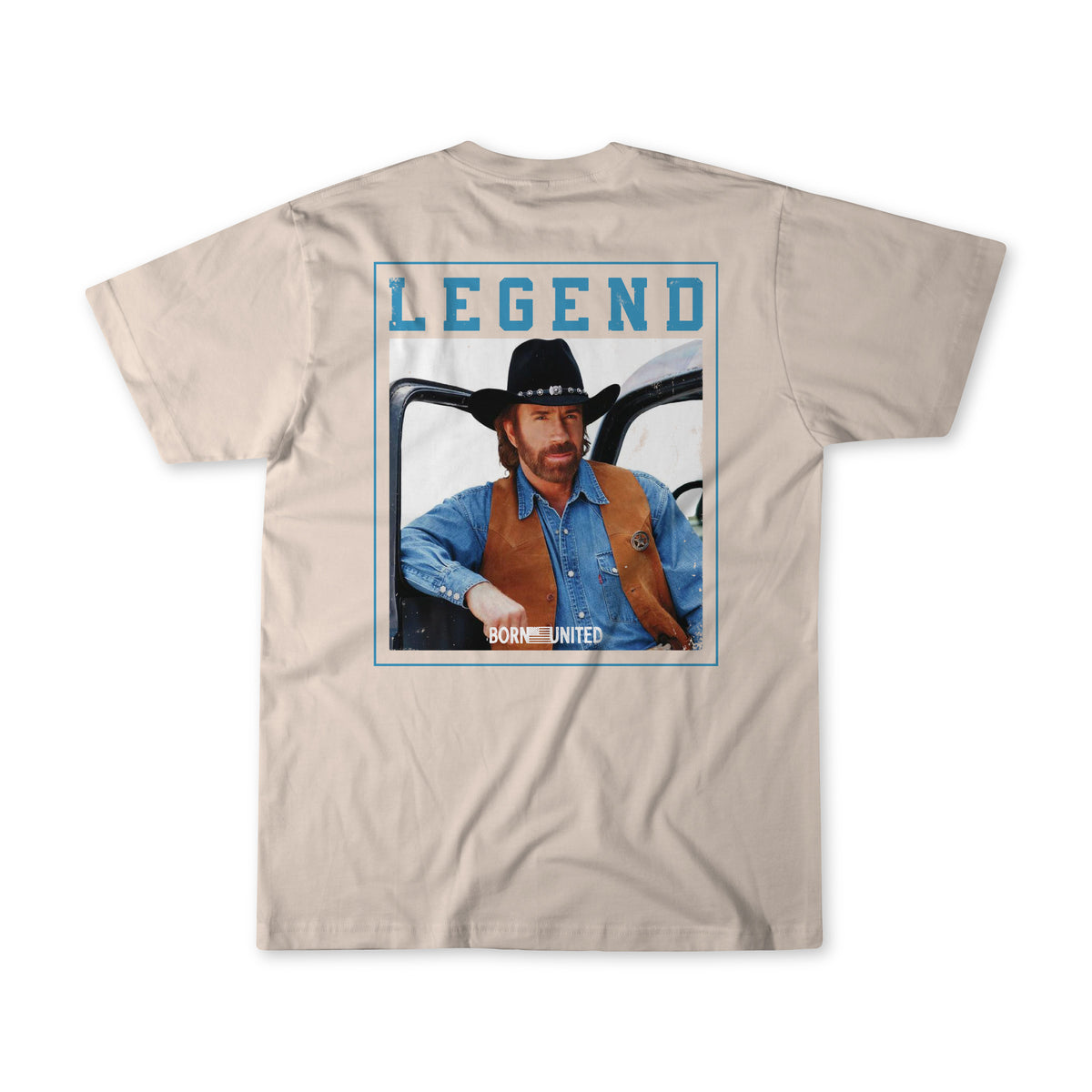 The Legend - Chuck - Sand shirt by Born United Private Label features a photo of a man in a cowboy hat by a car, with “LEGEND” above and “BORN UNITED” below. Perfect for patriots. Pre-order now!.