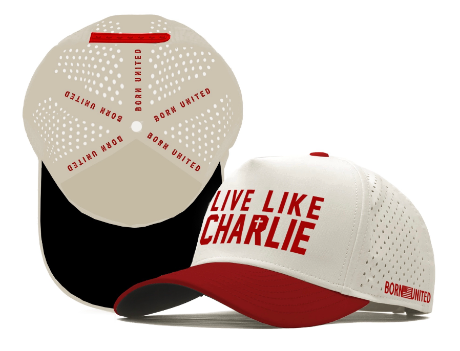 The Live Like Charlie Ivory Snapback by Born United Private Label features a white and red design with perforated sides, bold red "LIVE LIKE CHARLIE" on the front, "BORN UNITED" on the brim and inside, and a black underside.