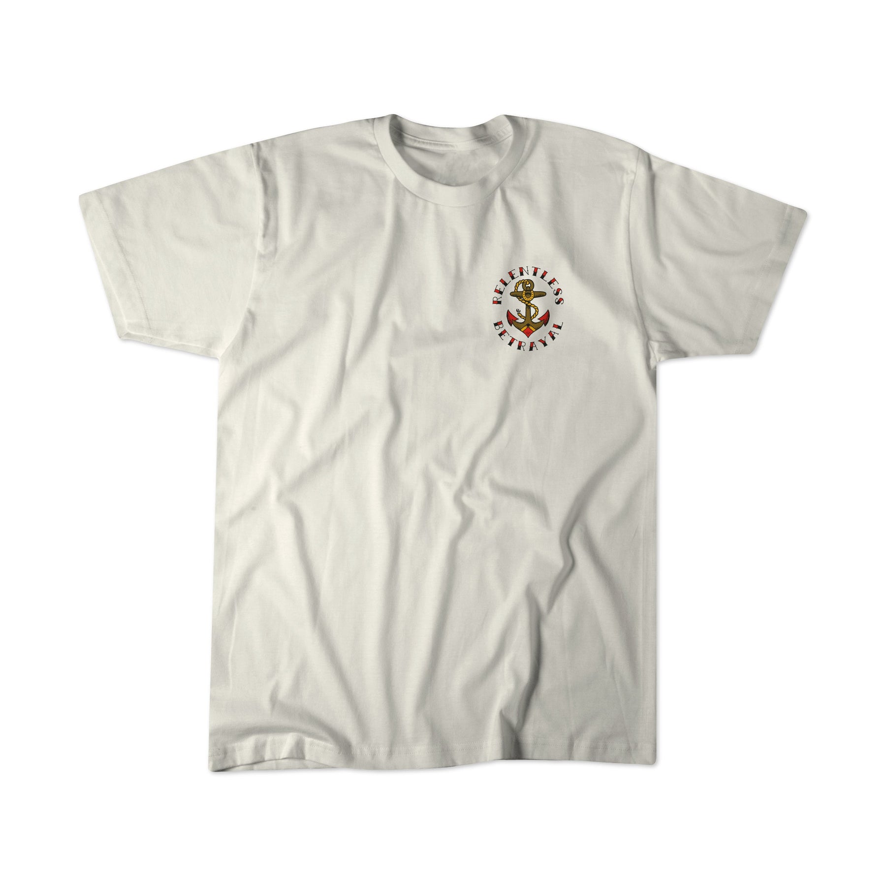 The Into the Storm Premium Ivory T-Shirt by Relentless Betrayal is a unisex jersey cotton tee with a small plant graphic and ELEMENTS OF EARTH text on the left chest, shown laid flat on a white background.