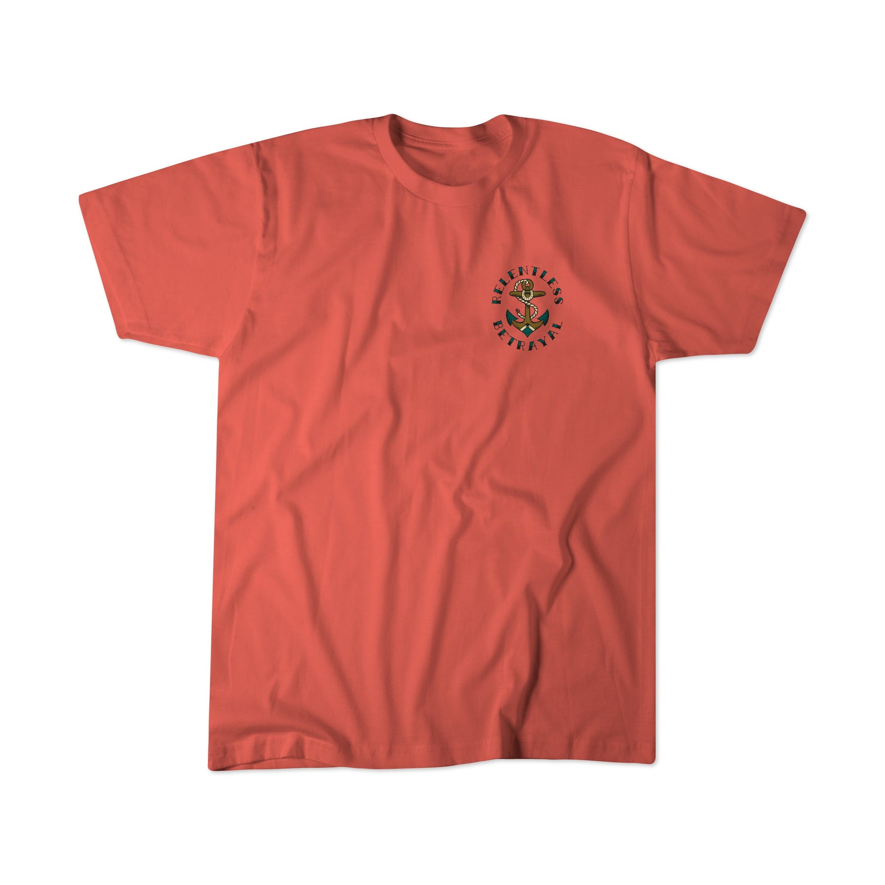 The Relentless Betrayal Into the Storm Premium Watermelon T-Shirt is a unisex, coral tee made from luxe jersey cotton, featuring a small circular graphic with text and leaf on the left chest. Displayed on a plain white background.