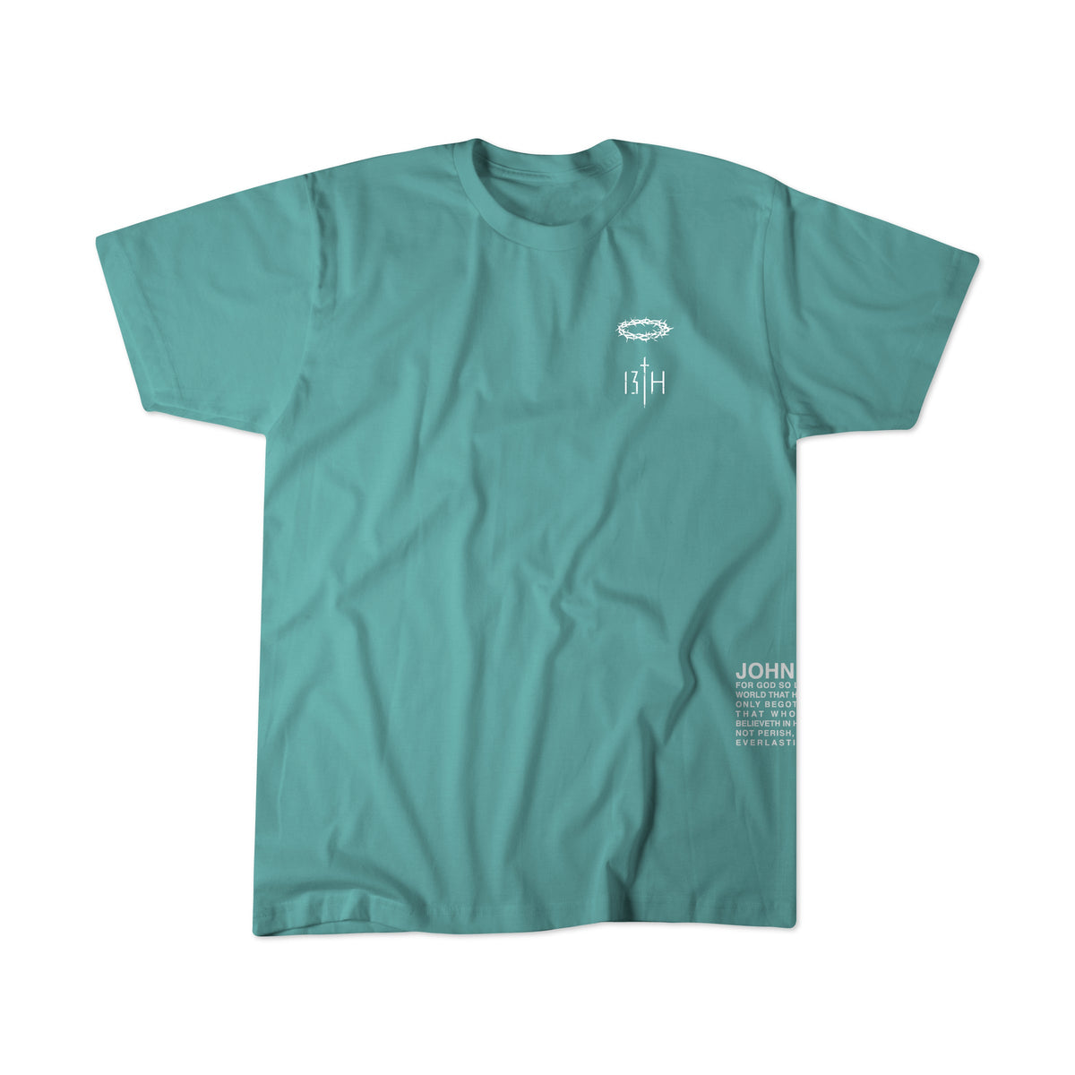The 13th Jesus Saves Premium Tee in seafoam features small white text and graphics on the left chest and a vertical John 3:16 Bible verse at the lower right—an ideal Christian gift, shown on a white background.