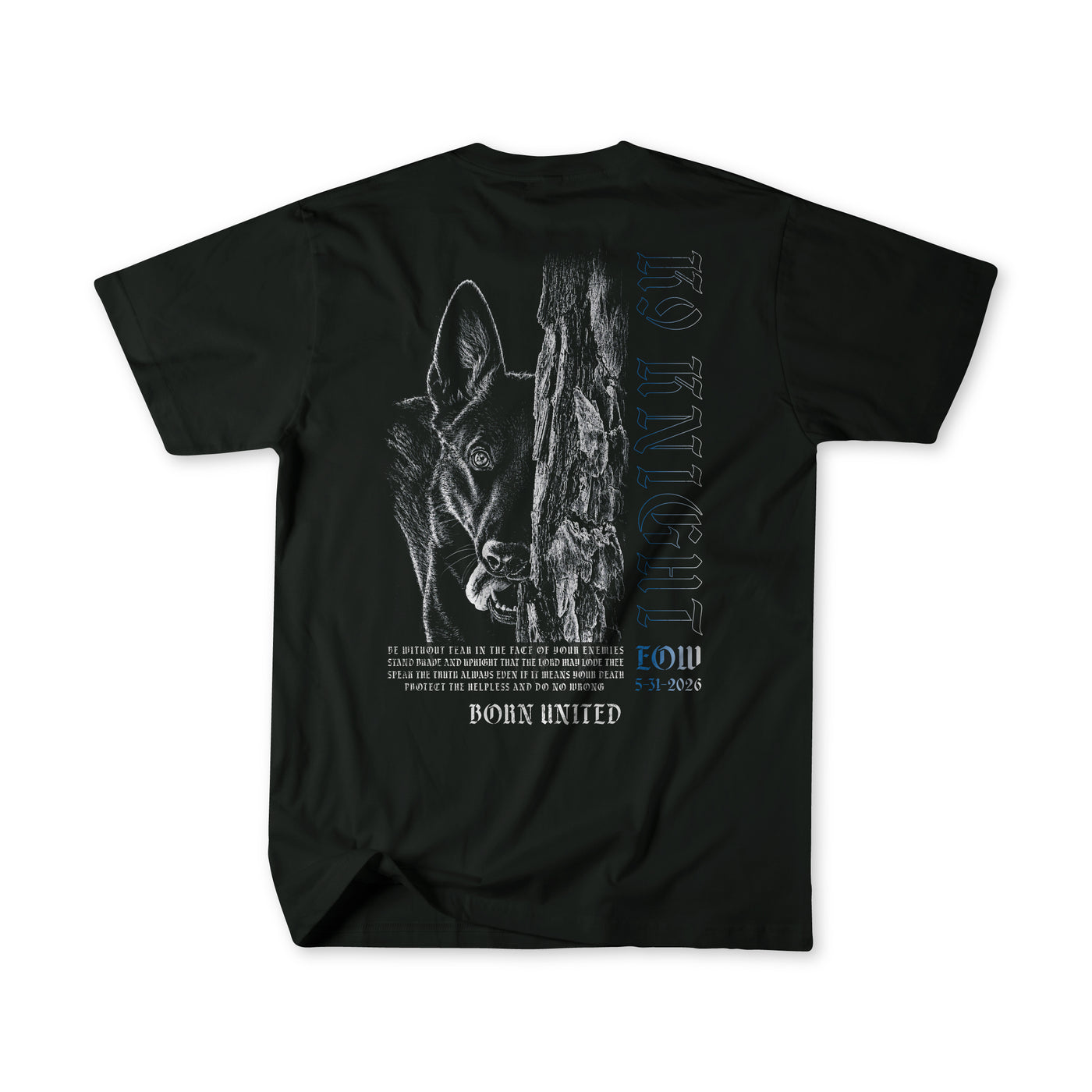 The Knight Watch Black T-shirt by Born United Private Label features a German Shepherd sketch behind a tree on the back, with blue and white "BORN UNITED" text inspired by the K9 Knight memorial and Chesterfield County Police.