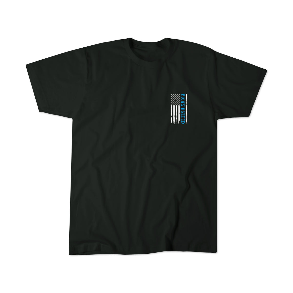 The Born United Private Label "Knight Watch" black T-shirt features a small vertical American flag with a blue line and "POLICE," honoring the K9 Knight memorial, printed on the left chest.