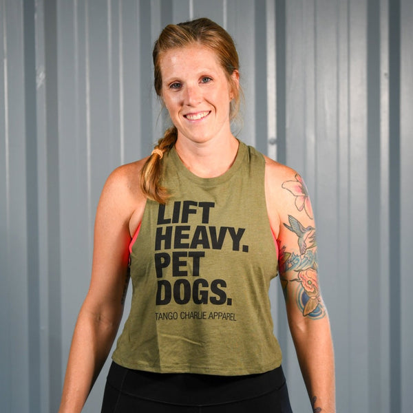 tango charlie - women's lift heavy pet dogs crop racerback tank on model