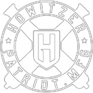 Logo with a circular design, featuring the word HOWITZER at the top and PATRIOT MFG at the bottom. A stylized H is at the center, with two crossed cannons behind it.