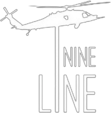 A stylized design features a white helicopter silhouette facing right, forming the T in NINE LINE written vertically in bold letters.