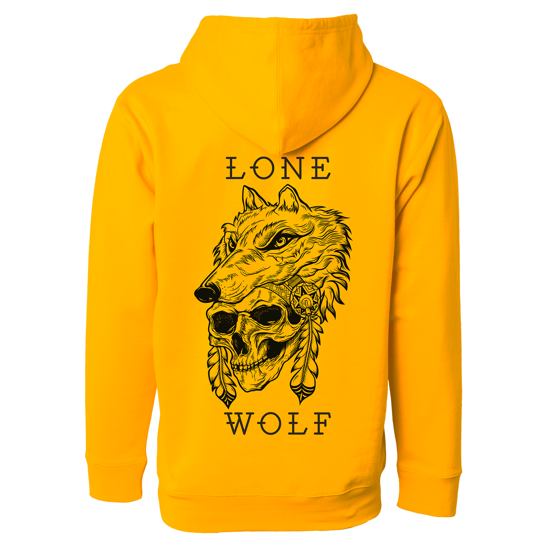 The Lone Wolf GOLD Hoodie by Relentless Betrayal features a unisex design with a detailed black graphic of a wolfs head above a feather-adorned skull, framed by the text LONE WOLF.