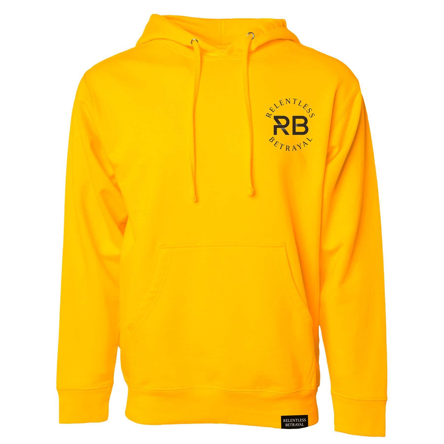 The Lone Wolf GOLD Hoodie from Relentless Betrayal is a bright yellow unisex piece with a kangaroo pocket, drawstrings, RB logo on the chest, Relentless Betrayal curved above it, and a branded tag on the bottom hem. It adds a golden touch to any wardrobe.