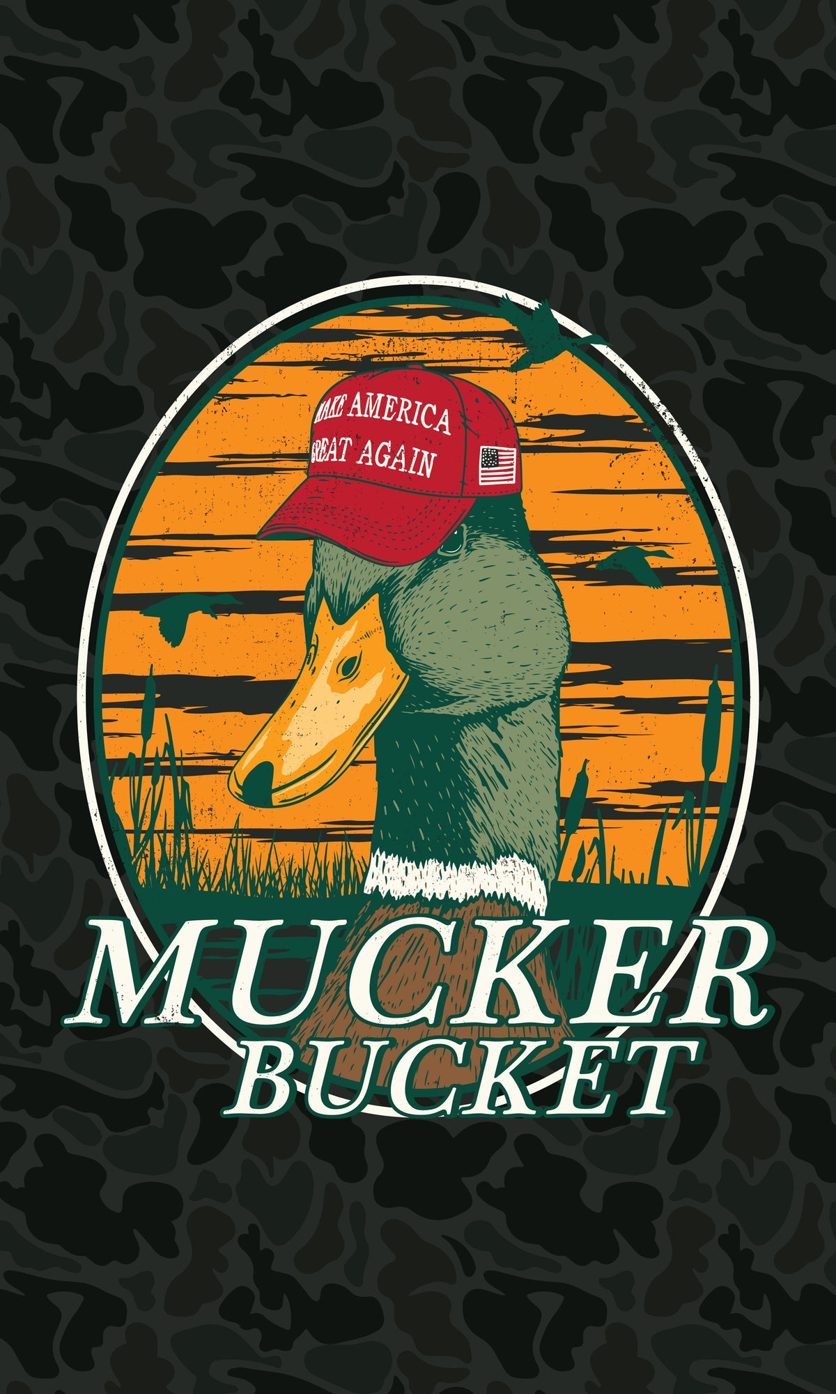 The Smart Duck Flag by Mucker Bucket features a duck wearing a red MAGA hat, set against an orange and yellow sunset with silhouettes of tall grass and flying birds, printed on high-quality durable polyester with metal grommets for easy display.