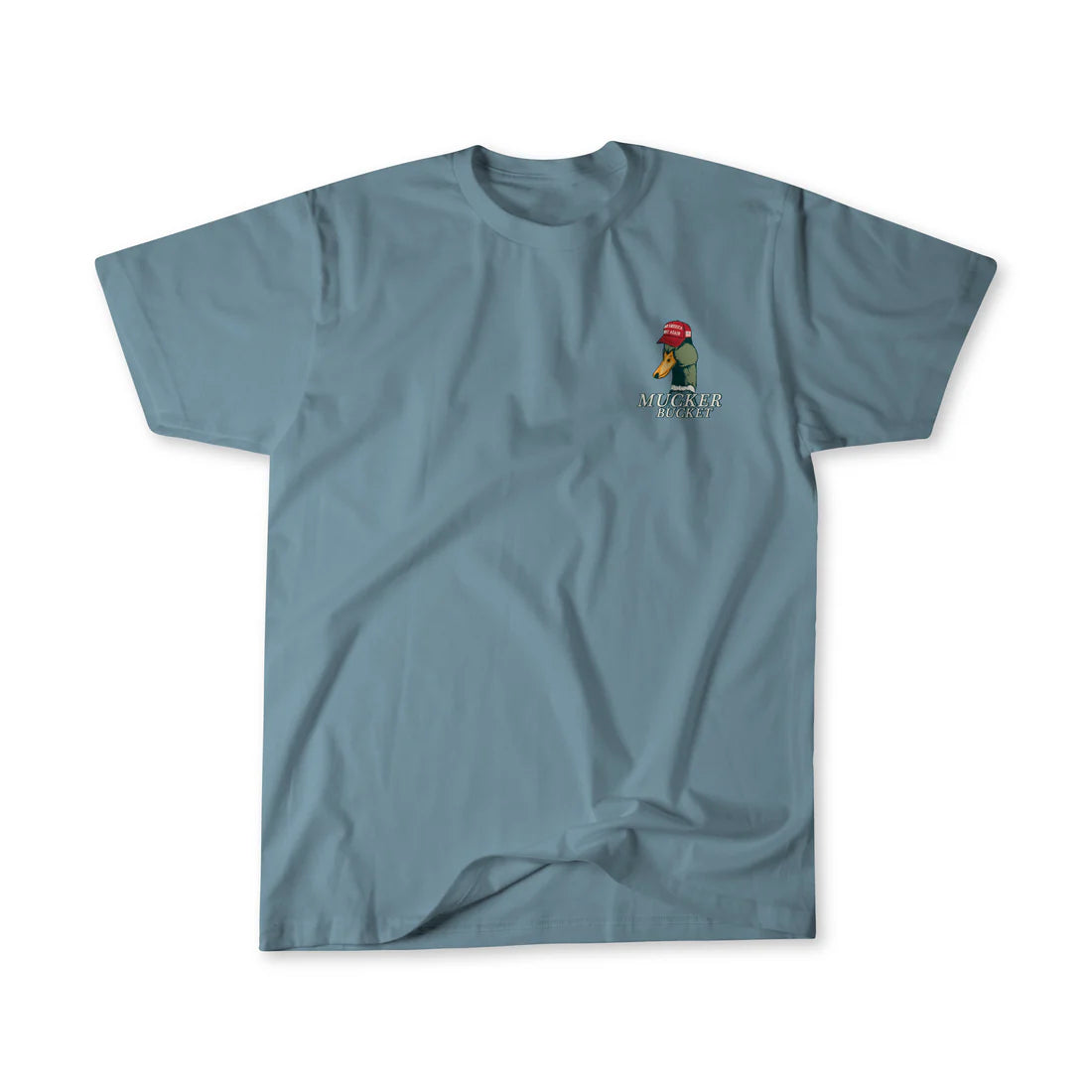 The Smart Duck Tee by Mucker Bucket is a blue T-shirt made from 100% ring-spun cotton. It features a vibrant toucan with a red beak and WEEKEND in green text on its premium relaxed fit, garment-dyed fabric, set against a white background.