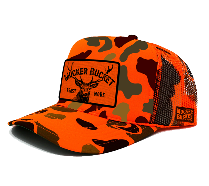 mucker bucket - "beast mode" orange camo trucker hat