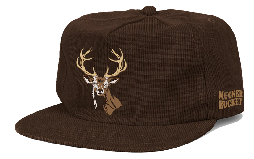 The Monster Buck Corduroy Bucket by Mucker Bucket features an embroidered deer head with antlers on the front, a snapback closure for a snug fit, and MUCKER BUCKET in yellow on the side, perfect for Monster Bucks enthusiasts.