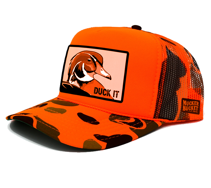 mucker bucket - "duck it" orange camo trucker bucket