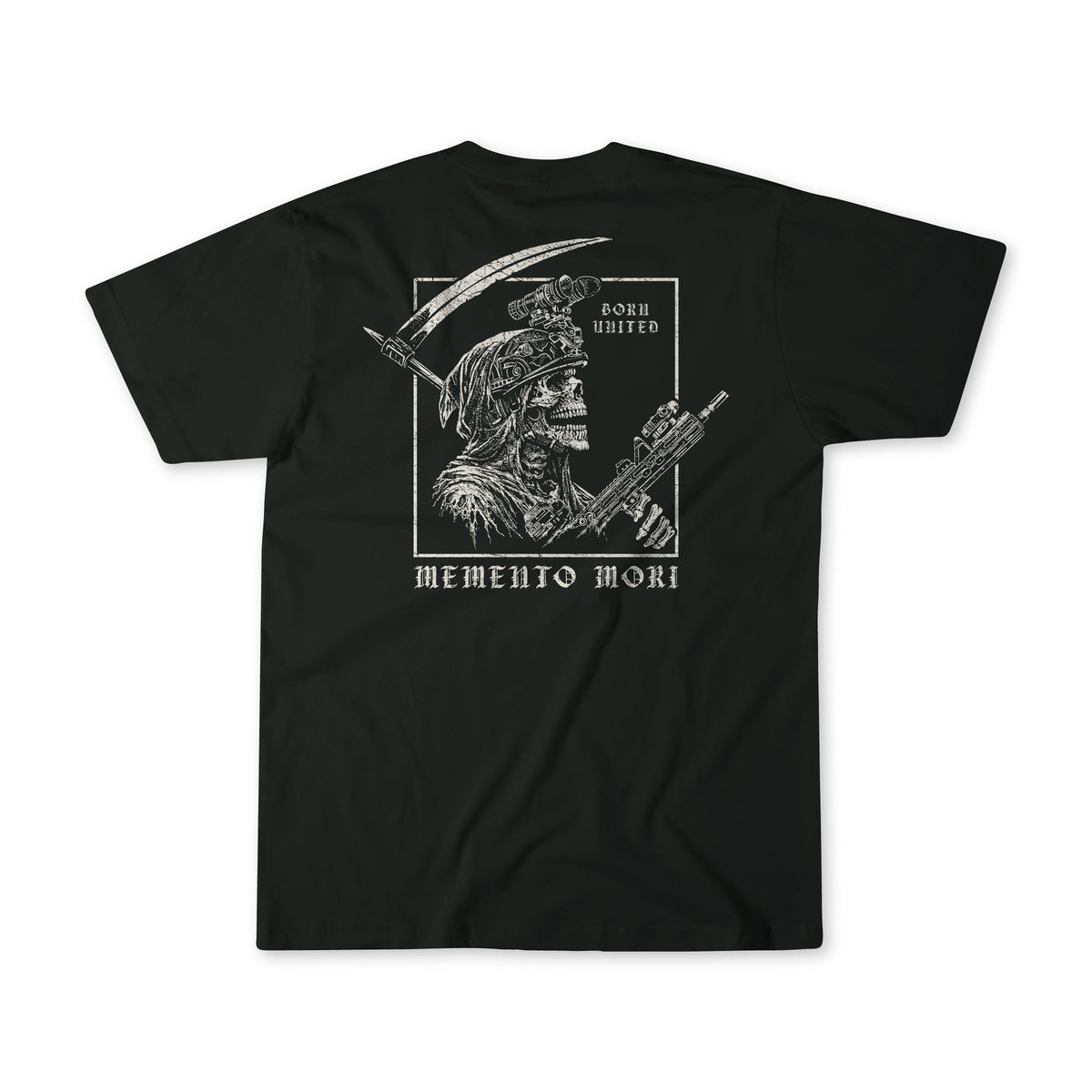 The “Memento Mori” black t-shirt by Born United Private Label features a skeleton Roman soldier with a rifle and scythe, plus “Born United” above and “Memento Mori” below—combining bold style with classic philosophical meaning.