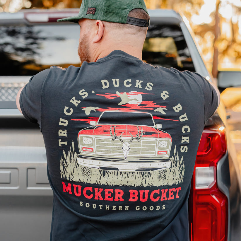 mucker bucket - trucks, ducks & bucks premium tee back on model