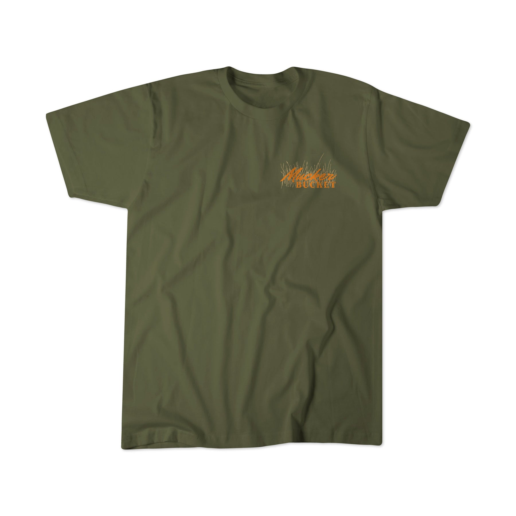 The Mucker Bucket Ghost Gobbler Premium Tee is an olive green, garment-dyed ring-spun cotton shirt with a small orange and white Midtown Denver graphic featuring stylized rays above the text on the left chest.