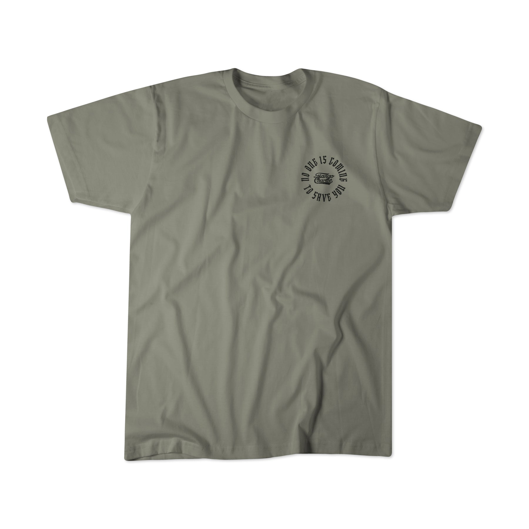 The No One Is Coming To Save You Tee - Hemp by Tango Charlie Apparel is an olive green T-shirt with a small black graphic and text on the left chest, featuring a stylized earth and the motto No Day Is Wasted, Save the Planet. We apologize for any inconvenience as we refine our product descriptions.