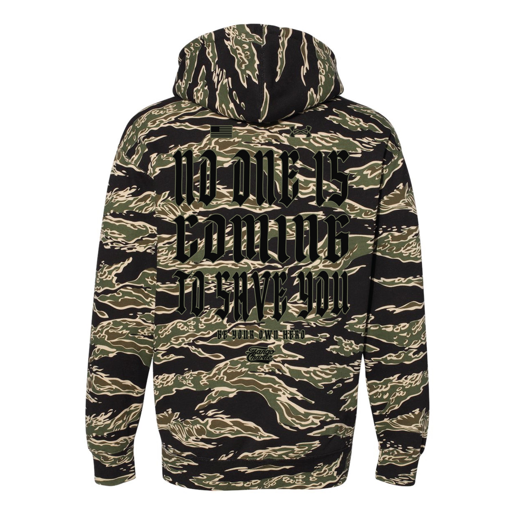 The No One Is Coming To Save You hoodie by Tango Charlie Apparel features a green and black camouflage design with bold black text on the back that reads, NO ONE IS COMING TO SAVE YOU, in an artistic font—ideal for those who value personal accountability and self-reliance.