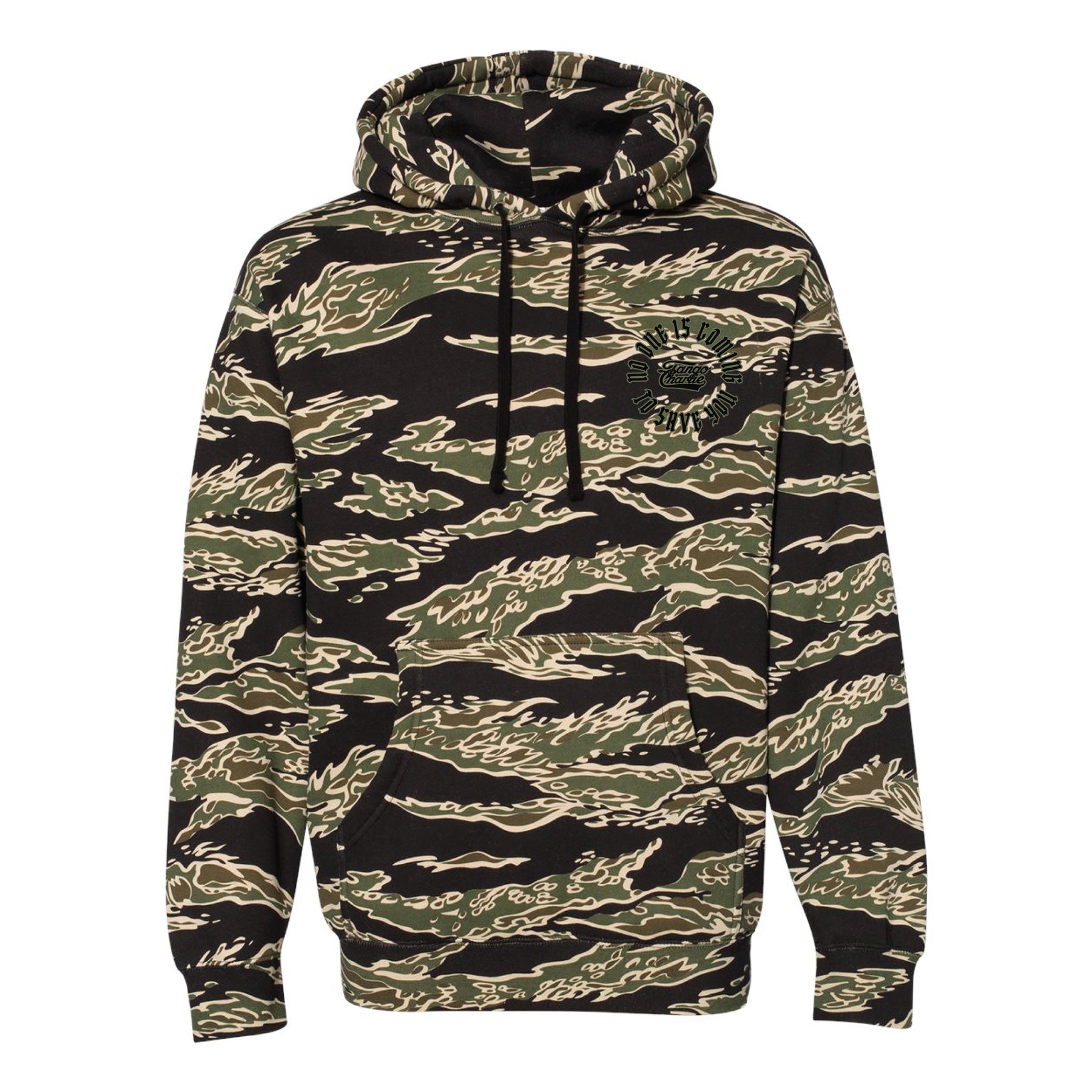 The No One Is Coming To Save You Hoodie by Tango Charlie Apparel is a camo-patterned hoodie in green, brown, and beige. It features a kangaroo pocket, black chest logo, and an adjustable drawstring hood for self-reliance enthusiasts focused on their goals.