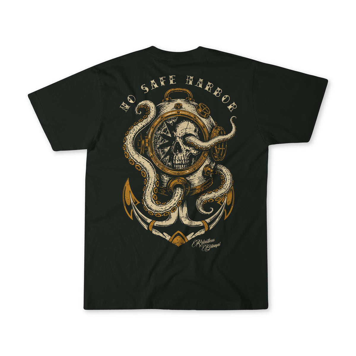 The No Safe Harbor Premium T-Shirt by Relentless Betrayal is a black unisex tee crafted from 100% premium cotton, showcasing a striking back graphic of a diving helmet entwined with a skull, octopus tentacles, an anchor, and the bold text “NO SAFE HARBOR.” This shirt seamlessly blends comfort with adventurous style.