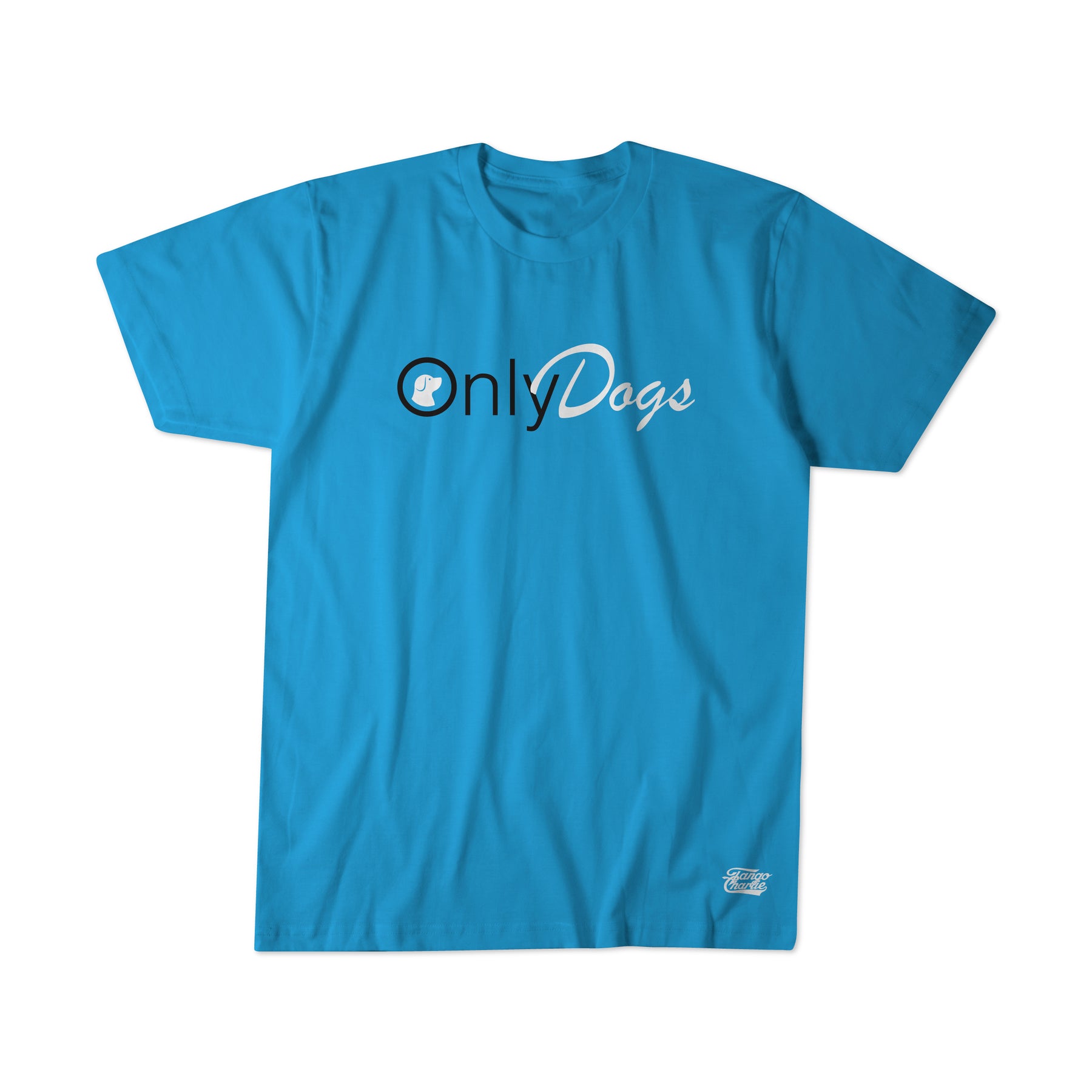 The Tango Charlie Apparel Only Dogs blue t-shirt features bold black and white lettering with a small circular dog icon for the O. Ideal for gym dogs, it has a subtle logo on the bottom right, perfect for fans of exclusive dog merchandise or Only Dogs club members.
