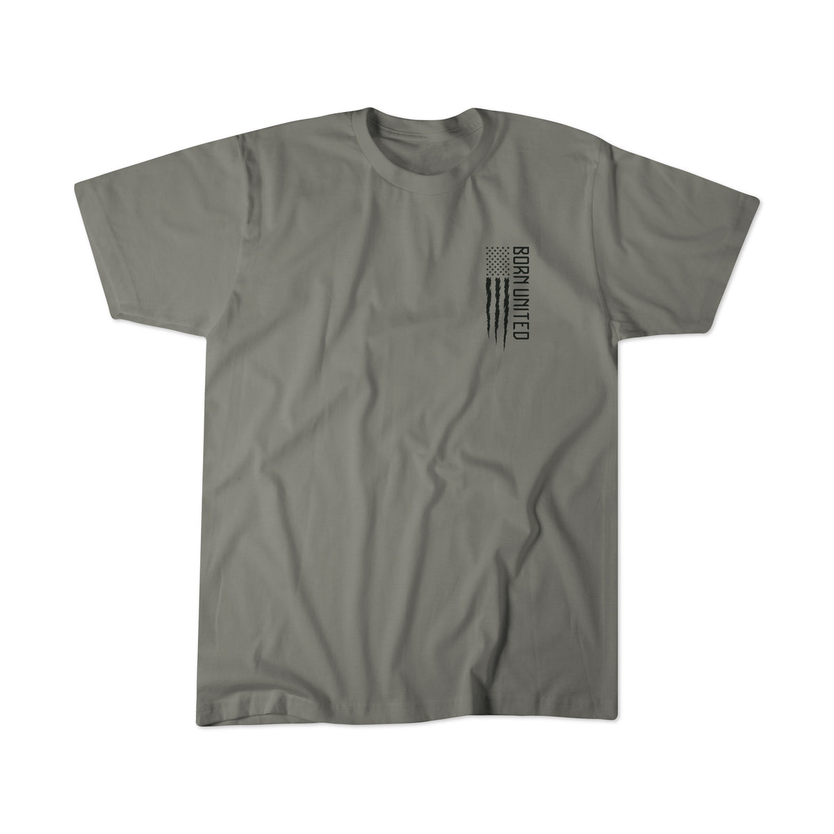 Pandamonium by Born United Private Label: gray short-sleeve t-shirt with a small black American flag and “BORN UNITED” printed vertically on the left chest.