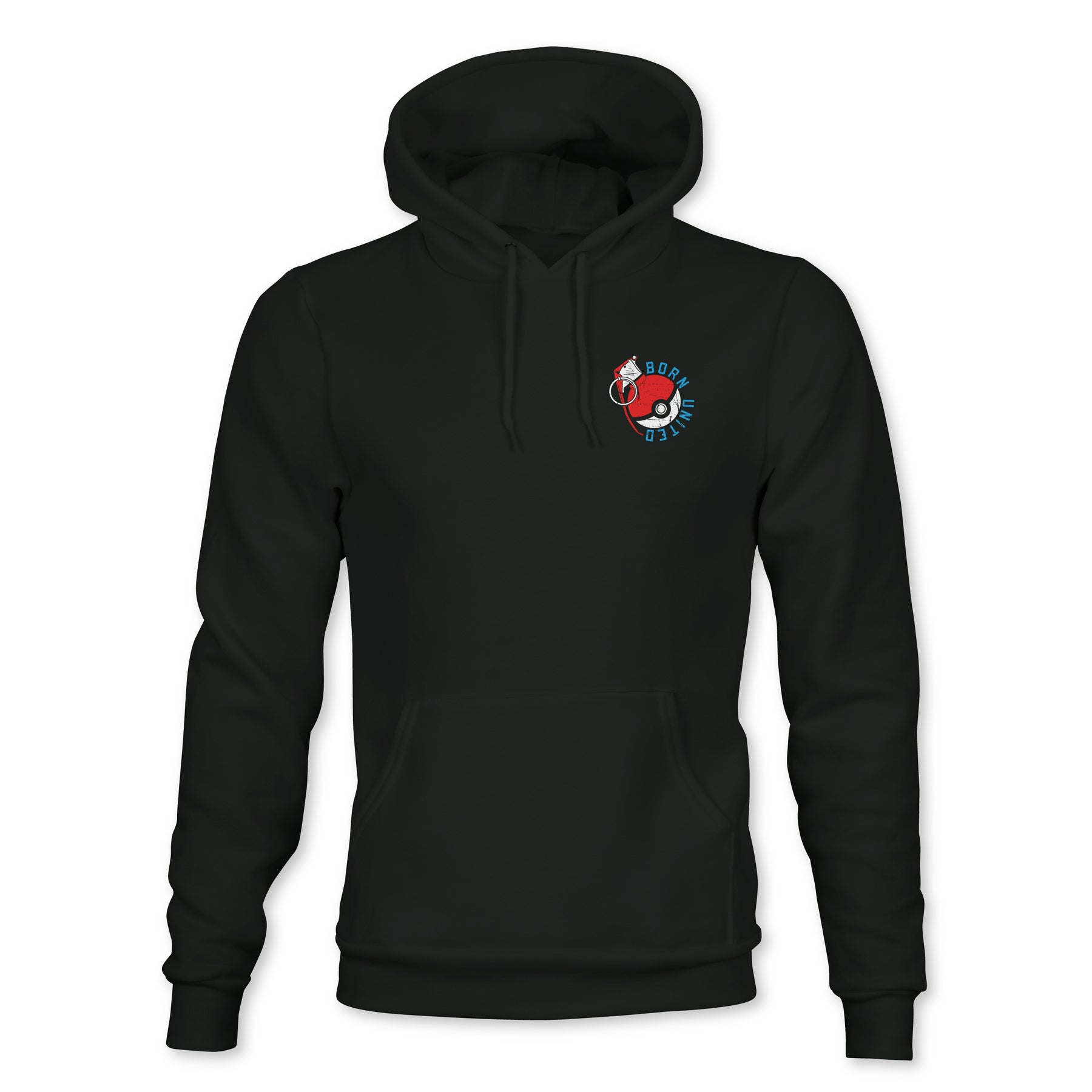 The Born United Private Label Pika Pew Hoodie is a black sweatshirt featuring a small, colorful embroidered patch with a red fish, blue waves, and curved Pika Pew text on the left chest.
