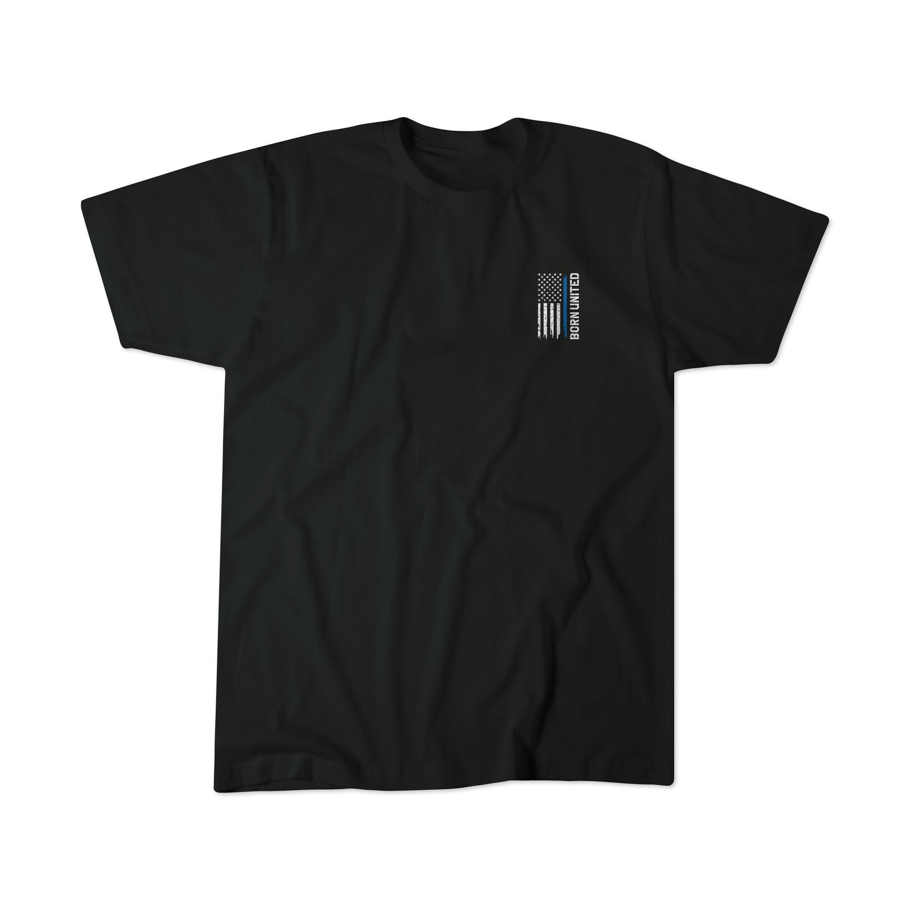 The Blue Line Flag Tee by Born United Private Label is a black T-shirt with a small, vertical American flag and HOME UNITED in white on the left chest—a subtle way to Back the Blue and show your support.