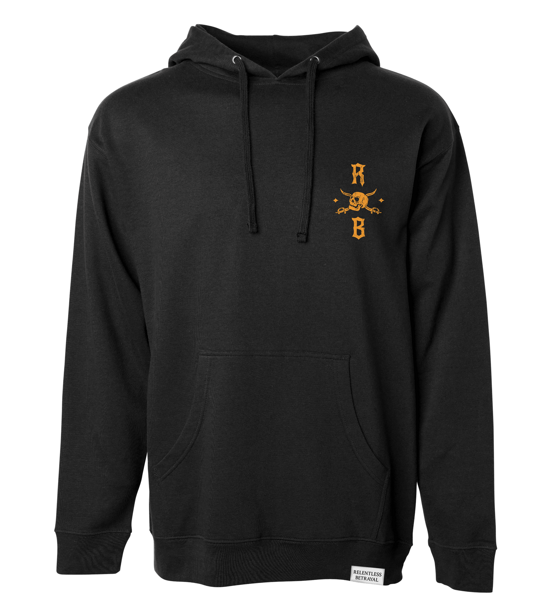The Standfast Gold Foil Hoodie by Relentless Betrayal is a unisex black cotton/polyester blend featuring a small orange skull and crossbones logo with R and B on the chest. It includes a front pocket, drawstrings, and a small white label at the bottom hem.