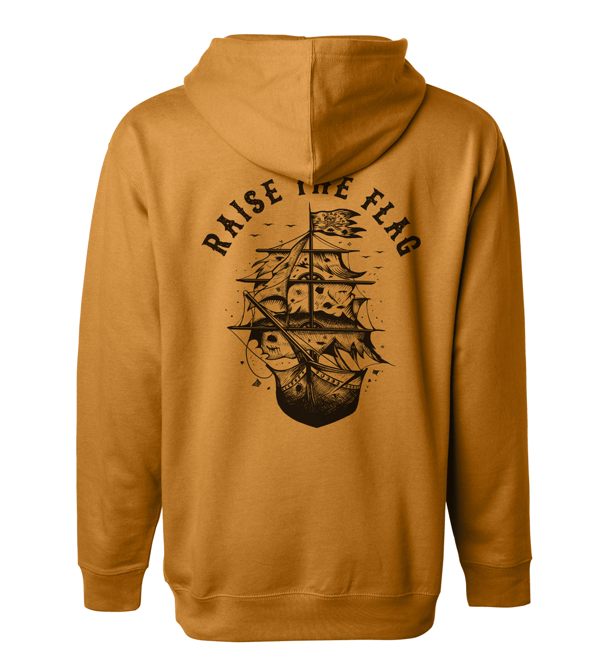 The Raise the Flag Premium Toast Hoodie by Relentless Betrayal features a rear view of a unisex brown hooded sweatshirt with a detailed black illustration of a pirate ship, waves, stars, and flag. Above the design is arched text stating RAISE THE FLAG.