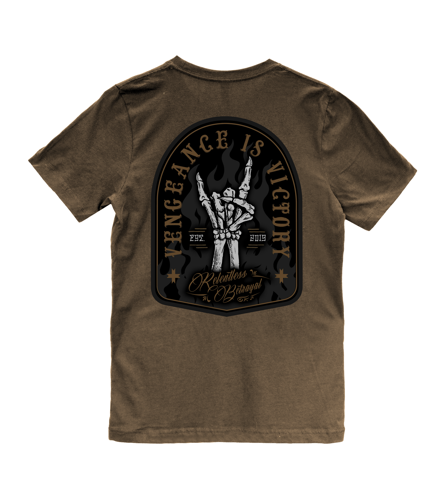 The Vengeance Camel T-Shirt by Relentless Betrayal features a back design with a skeleton, the phrase Vengeance is Victory, flames, and Relentless Through It, symbolizing resilience and empowering the wearer.