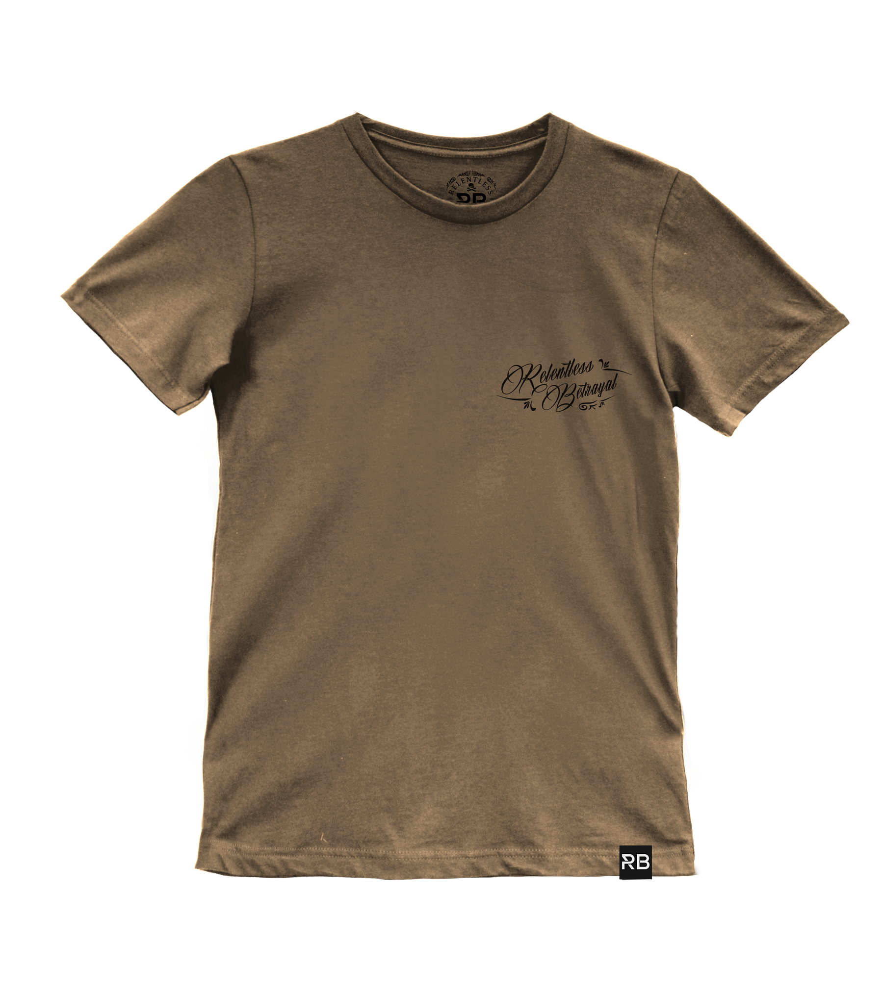 The Vengeance Camel T-Shirt by Relentless Betrayal features a small logo on the left chest reading Relentless Original to symbolize resilience, and a black square with RB on the bottom right edge representing empowerment, honoring the spirit of Vengeance is Victory.