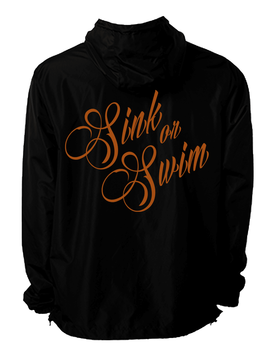 The Sink or Swim Full Zip Jacket by Relentless Betrayal is a black windbreaker with Sink or Swim in bold orange script on the back. Perfect for embracing the pirate lifestyle, it includes a hood, long sleeves, and water-resistant coating to withstand any storm.
