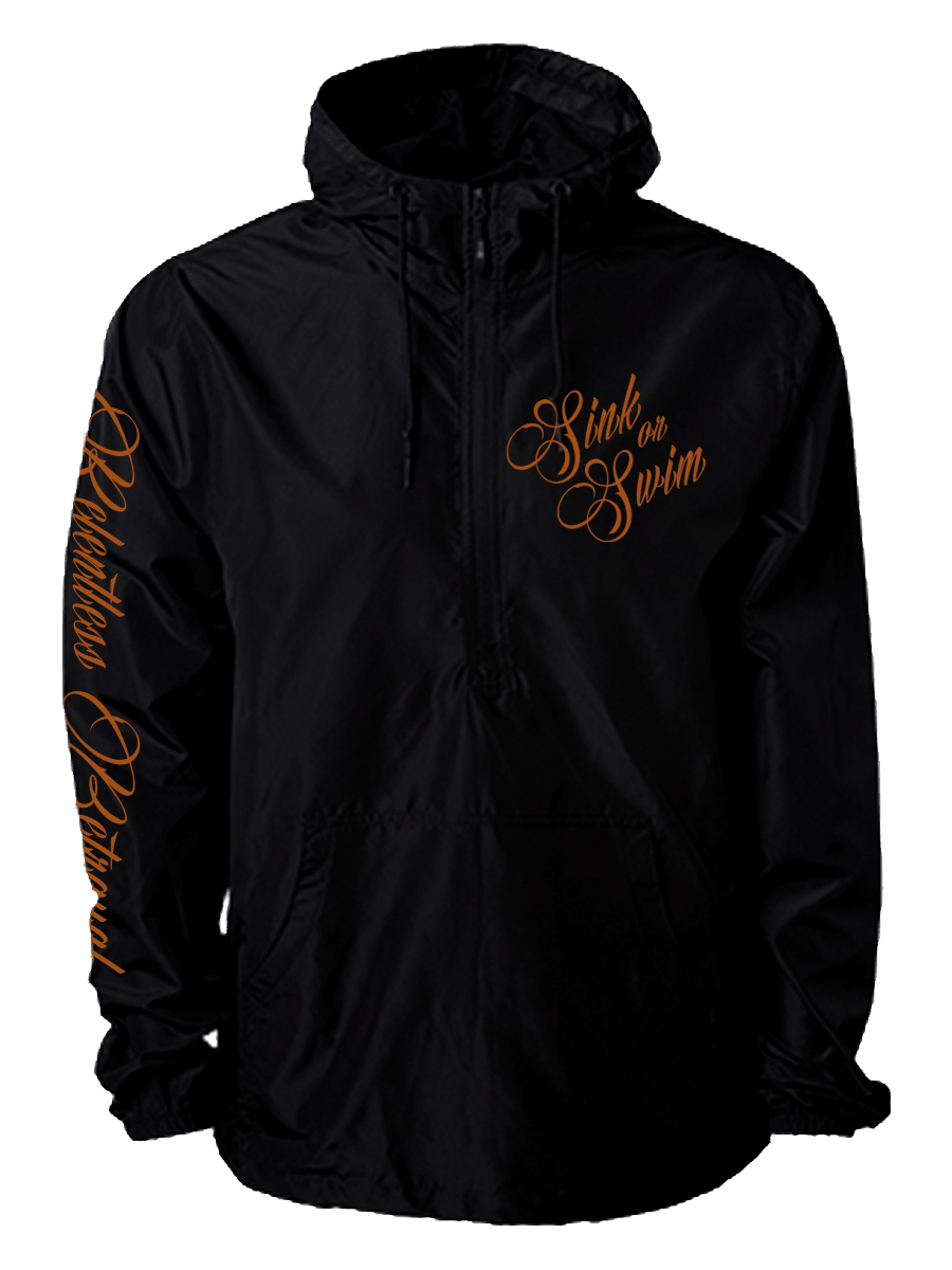 The Sink or Swim Full Zip Jacket by Relentless Betrayal is a black hooded windbreaker featuring orange cursive text, Sink or Swim on the front, and Relentless Betrayal down one sleeve. It includes a quarter zip, front pocket, and water-resistant coating—ideal for embracing the pirate lifestyle.