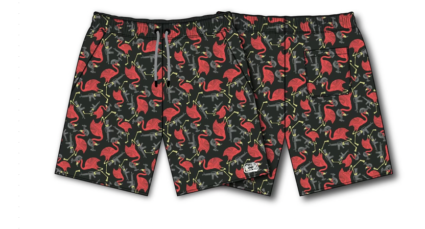 The Mens Performance Training Shorts | 5.5- Tactimingo by Tango Charlie Apparel feature a versatile black design with red velociraptors, perfect for training. They include side and back pockets, an elastic waistband, and a visible logo on the front.