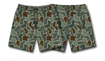 The Mens Performance Athletic Shorts | 5.5- Duck King by Mucker Bucket feature a camouflage pattern in green, brown, and gray colors with a drawstring waistband and back pocket.