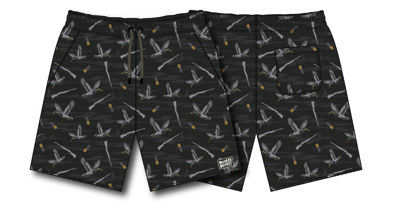 The Mens Performance Athletic Shorts Duck, Duck Boom by Mucker Bucket feature black fabric with a seagull and orange buoy print, a drawstring, and a back pocket.