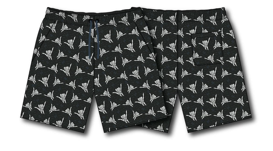 The Mens Performance Athletic Shorts | 5.5- Sink or Swim by Relentless Betrayal are dark shorts with a white palm leaf pattern and a drawstring waist. Displayed from both front and back views, they have a right-side pocket for convenience.