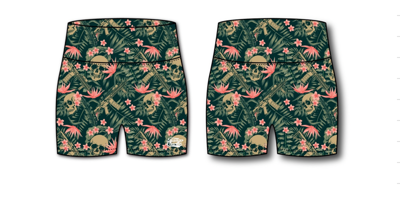 Tango Charlie Apparels Aloha AR Womens High-Waisted Seamless Front Compression Training Shorts feature an empowering design with skulls, pink flowers, and tropical leaves on a dark green backdrop mirrored front and back for a bold training look.