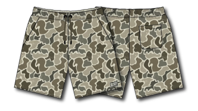 Front and back views of the Mens Performance Athletic Shorts | 5.5- Duck It by Mucker Bucket. These camouflage shorts are perfect for hunting enthusiasts, featuring a drawstring waist and a back patch pocket. Available in shades of green, beige, and brown.