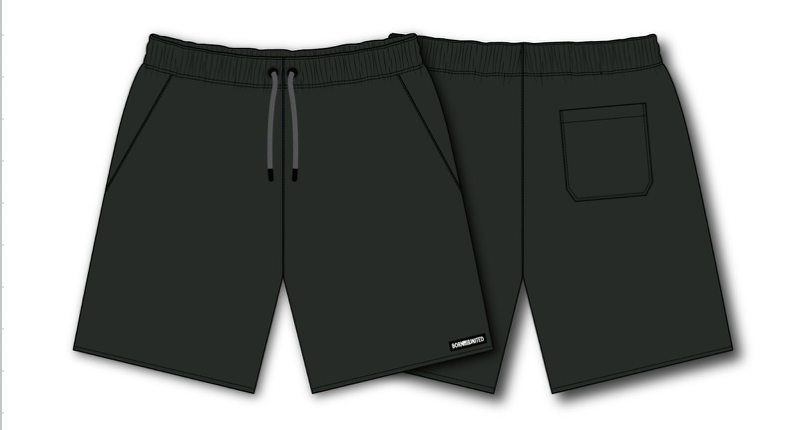Illustration of dark green Mens Standard Performance Shorts | 5.5- Stealth by Born United Private Label, featuring an elastic waistband, drawstring, front side pockets, a back pocket, and a small logo tag on breathable stretch material; two pairs shown from the front and back.