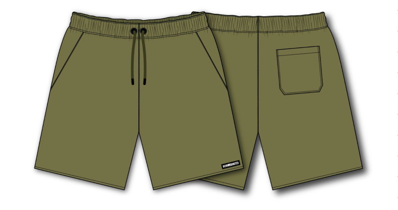 Illustration of Born United Private Labels Mens Standard Performance Shorts | 5.5- OD Green, showcasing a drawstring waistband. The front view has two pockets, the back has one right-side pocket. Made from breathable stretch material, it features a small black label near the hem.