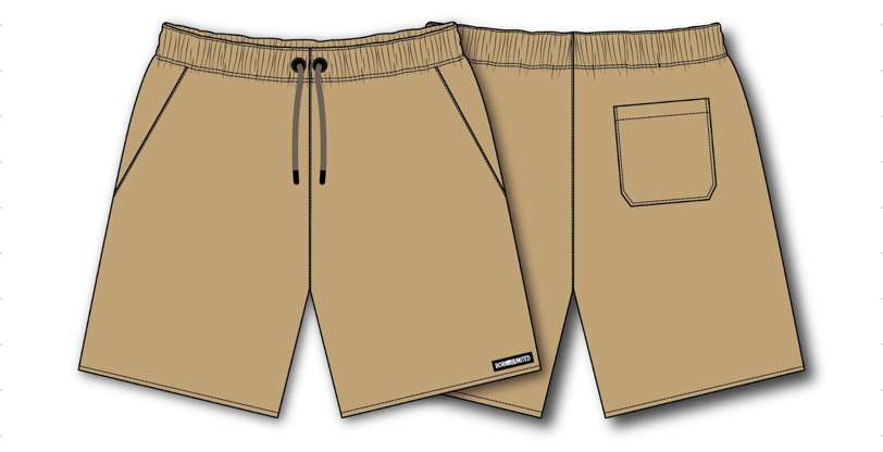 The Mens Standard Performance Shorts in Desert Sand by Born United Private Label feature black drawstrings, side pockets in front, a single patch pocket on the back right side, and a small logo near the hem for versatile design.