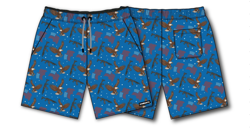 The Mens Performance Hybrid Shorts 5.5 by Born United Private Label feature a Merica Baby design with eagles, top hats, and stars on breathable fabric. These versatile shorts easily transition from gym to swim and include a black drawstring, elastic waistband, and back pocket.